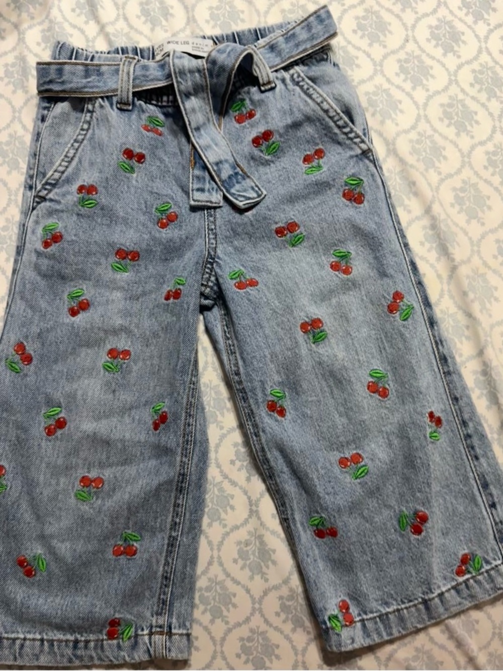 Girls Cherry Embroidered Jeans Wide Leg Paperbag Waist 3-4Y Cute Aesthetic